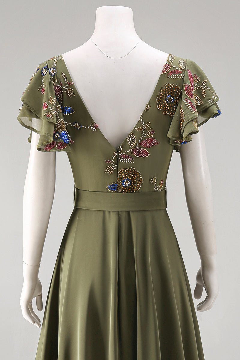 Load image into Gallery viewer, Ruffled V-Neck Olive Beaded Floral Mother of the Bride Jumpsuits with Cape