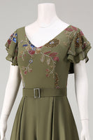Load image into Gallery viewer, Ruffled V-Neck Olive Beaded Floral Mother of the Bride Jumpsuits with Cape