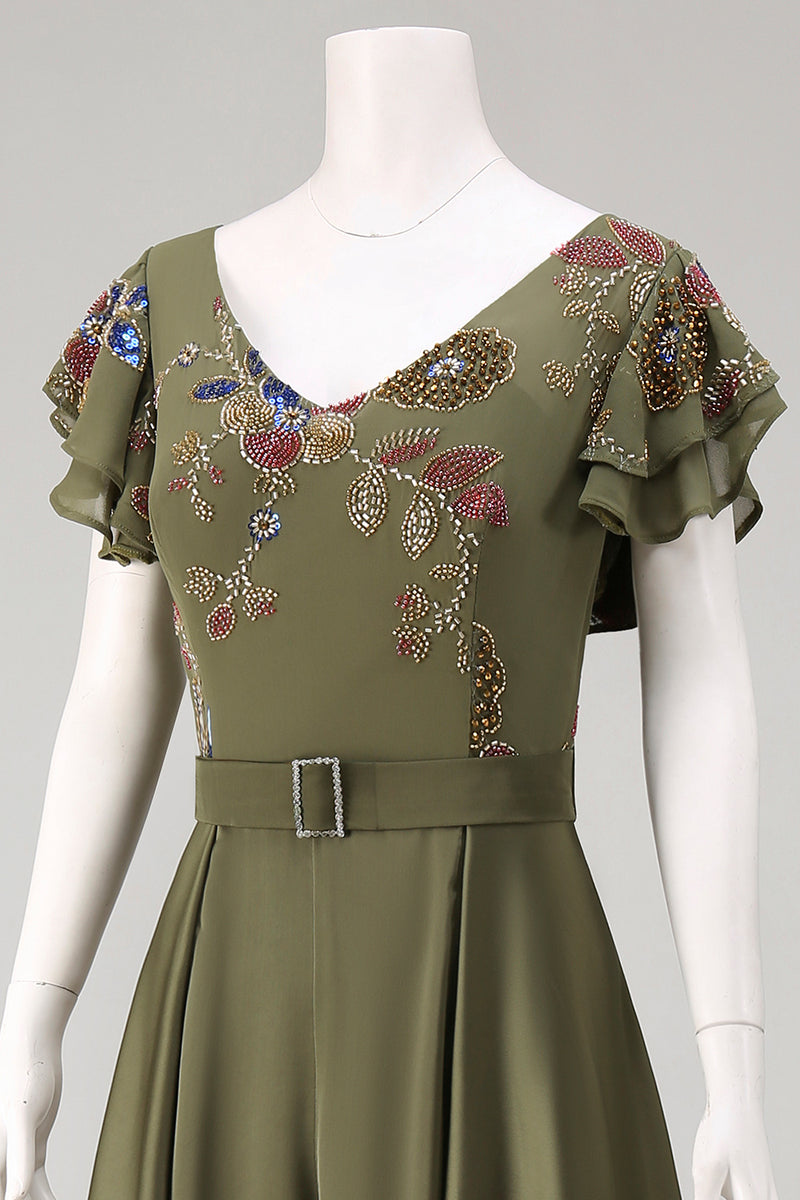 Load image into Gallery viewer, Ruffled V-Neck Olive Beaded Floral Mother of the Bride Jumpsuits with Cape
