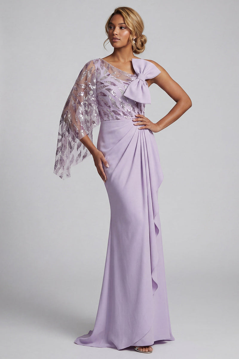 Load image into Gallery viewer, Sparkly Lilac Long Ruffled Mermaid Beaded Mother of the Bride Dress with Bow