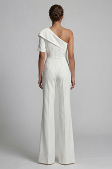 One Shoulder Sparkly Beaded White Formal Jumpsuits with Pockets