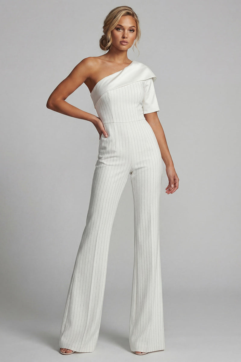 Load image into Gallery viewer, One Shoulder Sparkly Beaded White Formal Jumpsuits with Pockets