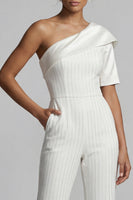 Load image into Gallery viewer, One Shoulder Sparkly Beaded White Formal Jumpsuits with Pockets