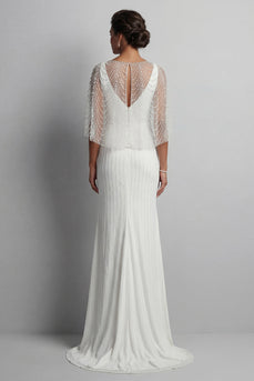 Mermaid Sparkly White Beaded V-Neck Long Mother of the Bride Dress with Pearls