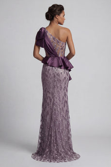 Sparkly Ruffled Long Beaded Mermaid Purple Mother of the Bride Dress with Slit