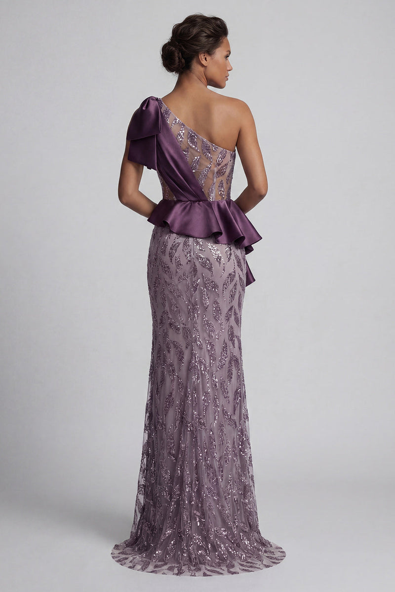 Load image into Gallery viewer, Sparkly Ruffled Long Beaded Mermaid Purple Mother of the Bride Dress with Slit