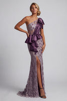 Load image into Gallery viewer, Sparkly Ruffled Long Beaded Mermaid Purple Mother of the Bride Dress with Slit
