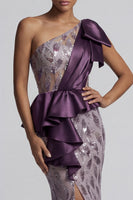 Load image into Gallery viewer, Sparkly Ruffled Long Beaded Mermaid Purple Mother of the Bride Dress with Slit