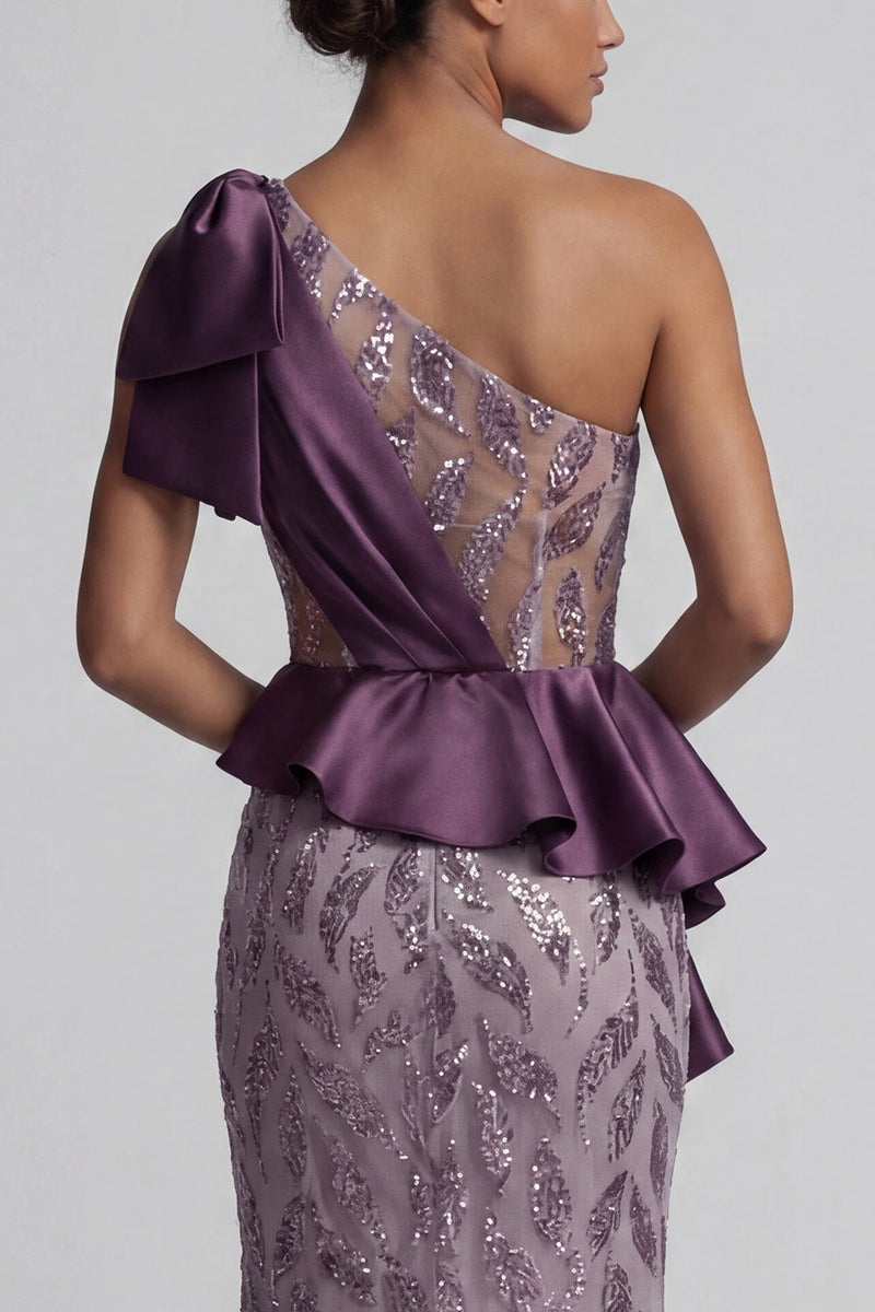 Load image into Gallery viewer, Sparkly Ruffled Long Beaded Mermaid Purple Mother of the Bride Dress with Slit