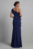 Load image into Gallery viewer, Navy Mermaid One Shoulder Long Beaded Mother of the Bride Dress with Ruffles