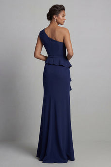 Navy Mermaid One Shoulder Long Beaded Mother of the Bride Dress with Ruffles