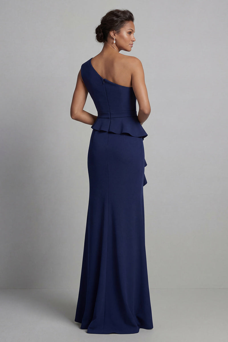 Load image into Gallery viewer, Navy Mermaid One Shoulder Long Beaded Mother of the Bride Dress with Ruffles