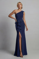 Load image into Gallery viewer, Navy Mermaid One Shoulder Long Beaded Mother of the Bride Dress with Ruffles