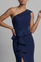 Load image into Gallery viewer, Navy Mermaid One Shoulder Long Beaded Mother of the Bride Dress with Ruffles