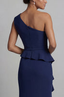 Load image into Gallery viewer, Navy Mermaid One Shoulder Long Beaded Mother of the Bride Dress with Ruffles