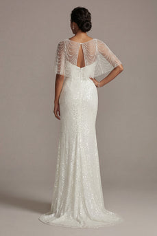 Sparkly Mermaid White Illusion Boat Neck Long Beaded Formal Dress with Pearls