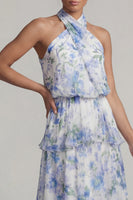 Load image into Gallery viewer, Halter Asymmetrical Floral Light Blue A Line Beach Wedding Guest Dress with Ruffles