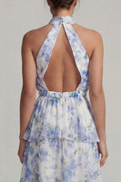 Load image into Gallery viewer, Halter Asymmetrical Floral Light Blue A Line Beach Wedding Guest Dress with Ruffles