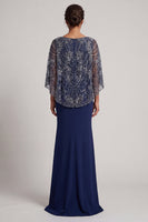 Load image into Gallery viewer, V-Neck Long Sparkly Navy Mermaid Beaded Mother of the Bride Dress with Cape