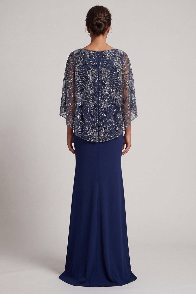 Load image into Gallery viewer, V-Neck Long Sparkly Navy Mermaid Beaded Mother of the Bride Dress with Cape