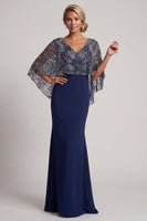 Load image into Gallery viewer, V-Neck Long Sparkly Navy Mermaid Beaded Mother of the Bride Dress with Cape
