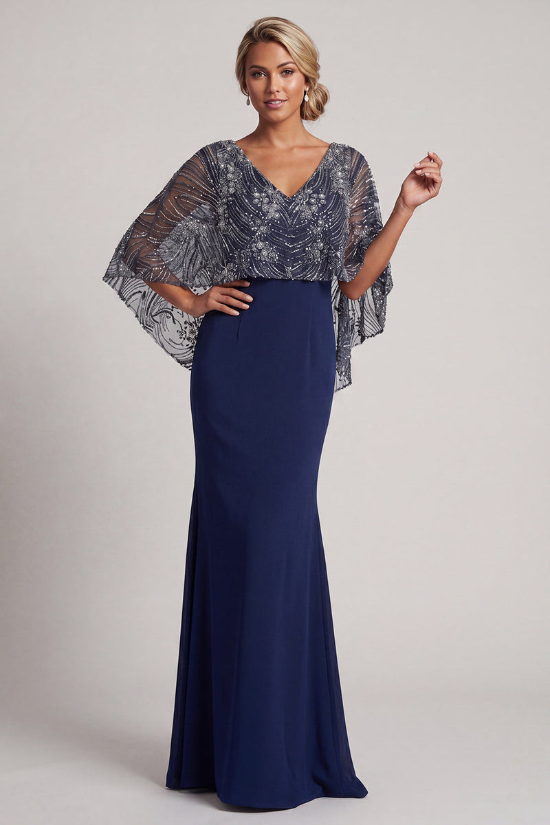 Load image into Gallery viewer, V-Neck Long Sparkly Navy Mermaid Beaded Mother of the Bride Dress with Cape