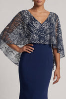 Load image into Gallery viewer, V-Neck Long Sparkly Navy Mermaid Beaded Mother of the Bride Dress with Cape