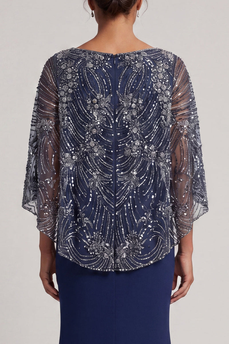 Load image into Gallery viewer, V-Neck Long Sparkly Navy Mermaid Beaded Mother of the Bride Dress with Cape