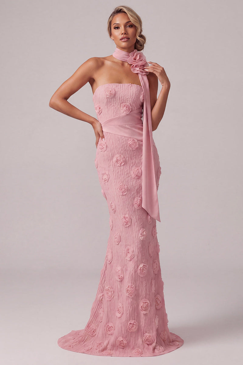Load image into Gallery viewer, Strapless Pink Mermaid Floral Long Mother of the Bride Dress with 3D Flowers