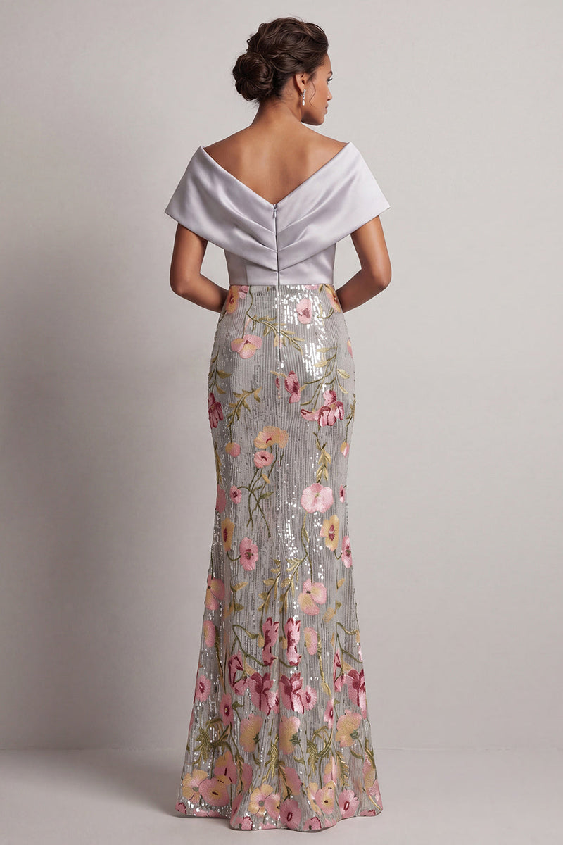 Load image into Gallery viewer, Floral Long Mermaid Sparkly Silver Sequin V-Neck Mother of the Bride Dress