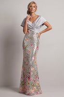 Load image into Gallery viewer, Floral Long Mermaid Sparkly Silver Sequin V-Neck Mother of the Bride Dress
