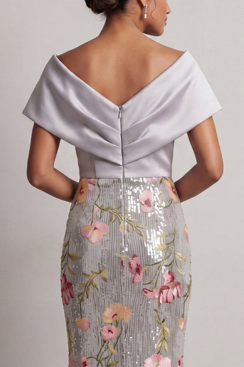 Load image into Gallery viewer, Floral Long Mermaid Sparkly Silver Sequin V-Neck Mother of the Bride Dress