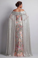 Load image into Gallery viewer, Sparkly Silver Sequin Mermaid Floral Long Mother of the Bride Dress with Cape