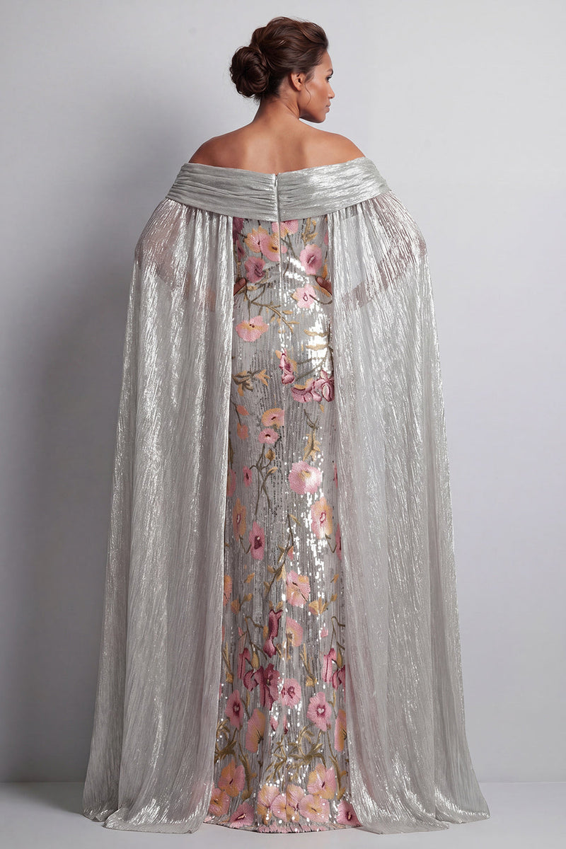 Load image into Gallery viewer, Sparkly Silver Sequin Mermaid Floral Long Mother of the Bride Dress with Cape