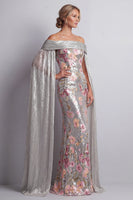 Load image into Gallery viewer, Sparkly Silver Sequin Mermaid Floral Long Mother of the Bride Dress with Cape
