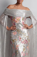 Load image into Gallery viewer, Sparkly Silver Sequin Mermaid Floral Long Mother of the Bride Dress with Cape