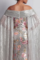 Load image into Gallery viewer, Sparkly Silver Sequin Mermaid Floral Long Mother of the Bride Dress with Cape