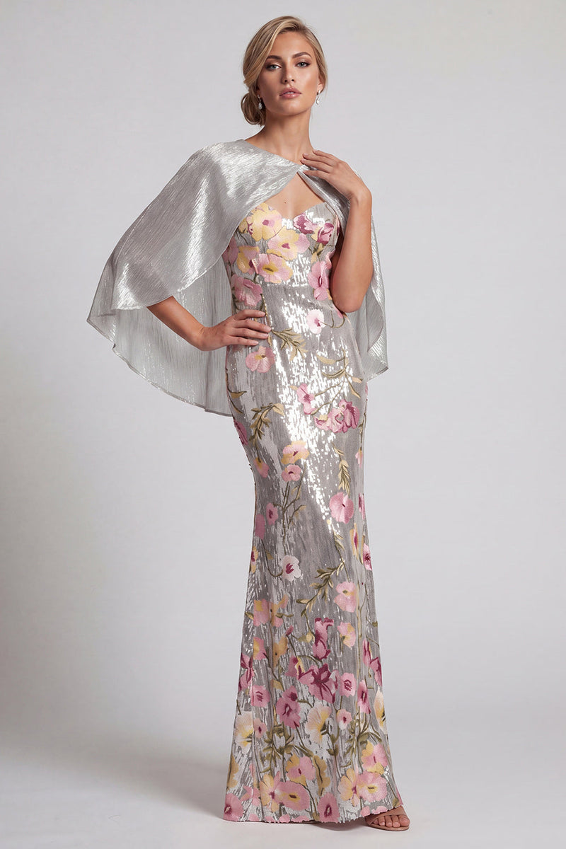 Load image into Gallery viewer, Mermaid Long Sparkly Silver Floral Sequin Mother of the Bride Dress with Cape