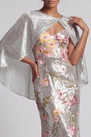 Load image into Gallery viewer, Mermaid Long Sparkly Silver Floral Sequin Mother of the Bride Dress with Cape