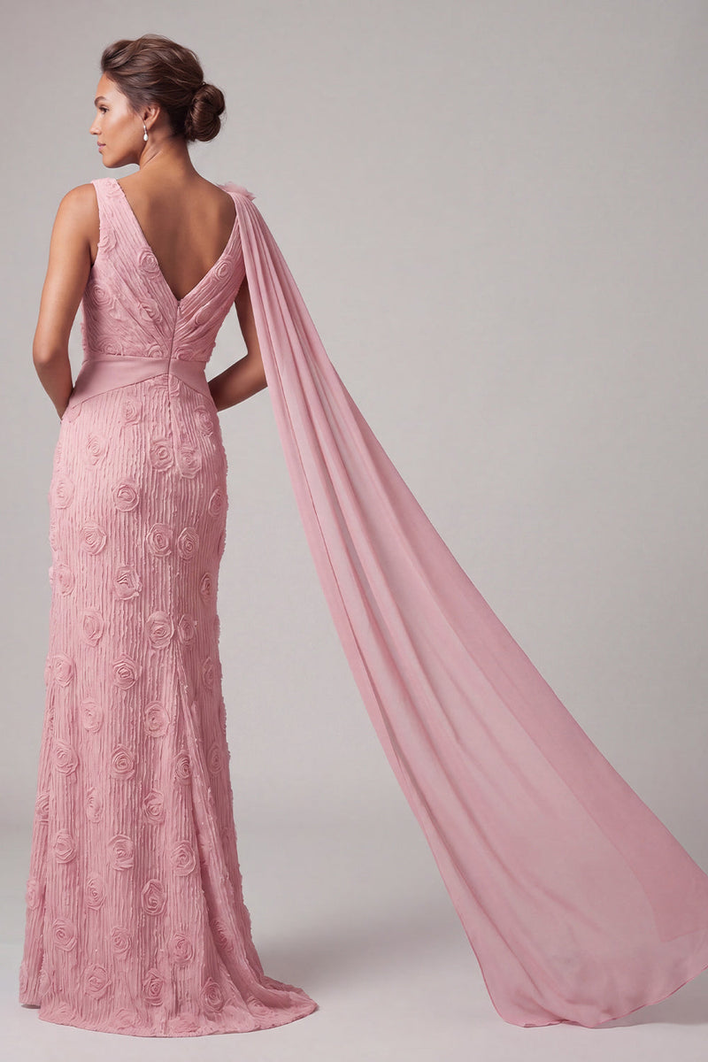 Load image into Gallery viewer, Pink V-Neck Mermaid Floral Long Mother of the Bride Dress with Side Cape