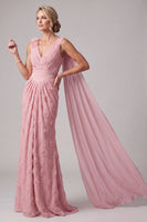 Load image into Gallery viewer, Pink V-Neck Mermaid Floral Long Mother of the Bride Dress with Side Cape