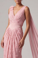 Load image into Gallery viewer, Pink V-Neck Mermaid Floral Long Mother of the Bride Dress with Side Cape