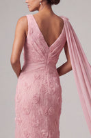 Load image into Gallery viewer, Pink V-Neck Mermaid Floral Long Mother of the Bride Dress with Side Cape