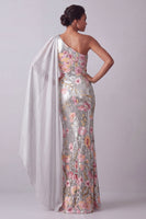 Load image into Gallery viewer, Sparkly Sequin Floral Long Mermaid Silver Mother of the Bride Dress with Side Cape