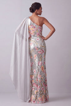 Sparkly Sequin Floral Long Mermaid Silver Mother of the Bride Dress with Side Cape