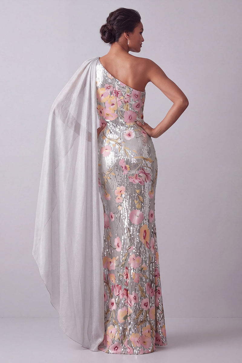 Load image into Gallery viewer, Sparkly Sequin Floral Long Mermaid Silver Mother of the Bride Dress with Side Cape