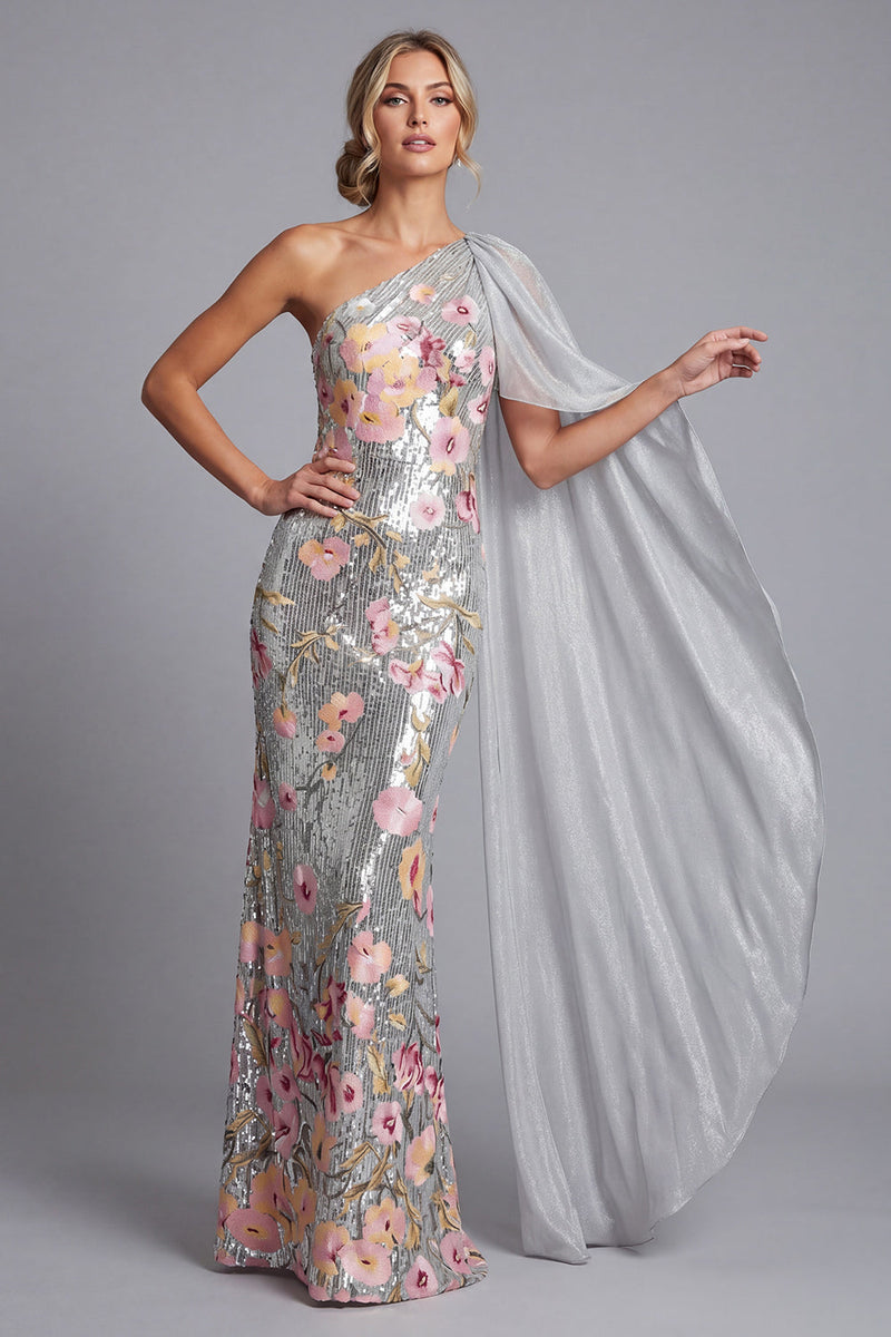 Load image into Gallery viewer, Sparkly Sequin Floral Long Mermaid Silver Mother of the Bride Dress with Side Cape