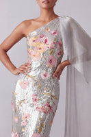 Load image into Gallery viewer, Sparkly Sequin Floral Long Mermaid Silver Mother of the Bride Dress with Side Cape