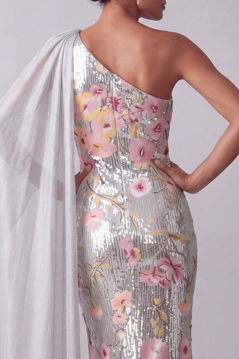 Load image into Gallery viewer, Sparkly Sequin Floral Long Mermaid Silver Mother of the Bride Dress with Side Cape