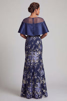 Load image into Gallery viewer, Navy Long Floral Mermaid Beaded Mother of the Bride Dress with Cape